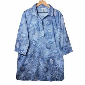Hinson Wu Charlotte Passionflower Blue Button 3/4 Sleeve Print Dress Womens